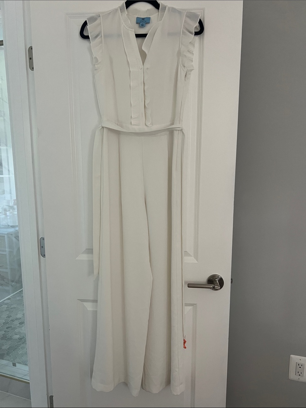 CeCe Cream Sleeveless Ruffle-Trim Jumpsuit with Self-Tie Belt